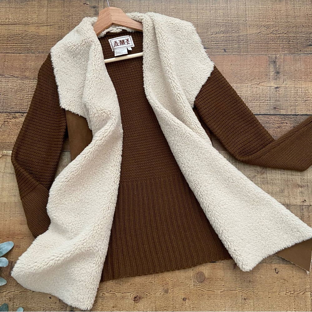 Chocolate Suede Sweater Cardigan Jacket Vegan Shearling Open - Picture 4 of 16